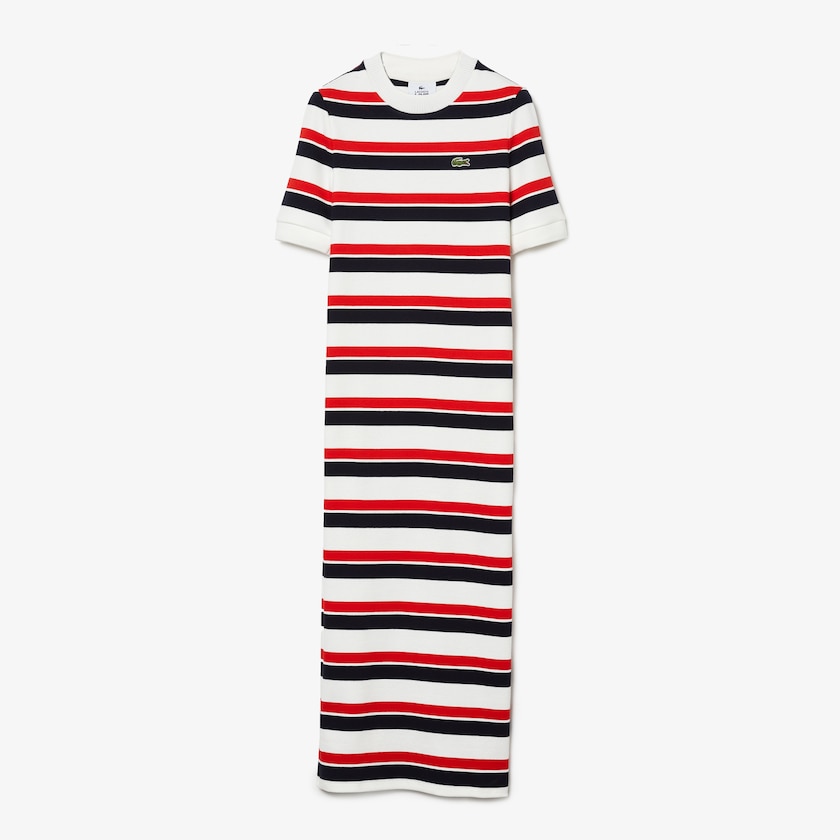 Vestido Lacoste LIVE Striped Cotton Ribbed T-Shirt Mujer Blancos Azul Marino Azules Rojos | KY9-69966Y5