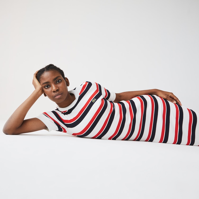 Vestido Lacoste LIVE Striped Cotton Ribbed T-Shirt Mujer Blancos Azul Marino Azules Rojos | KY9-69966Y5