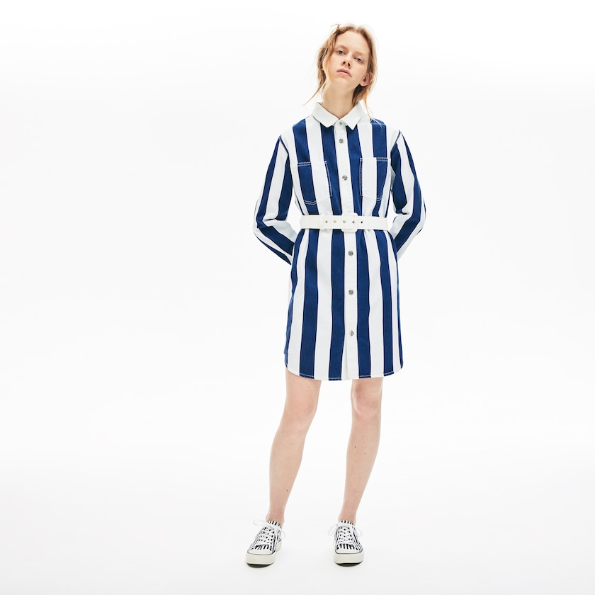 Vestido Lacoste LIVE Striped Cotton Shirtdress Mujer Blancos Azul Marino Azules | NT8-05180V6