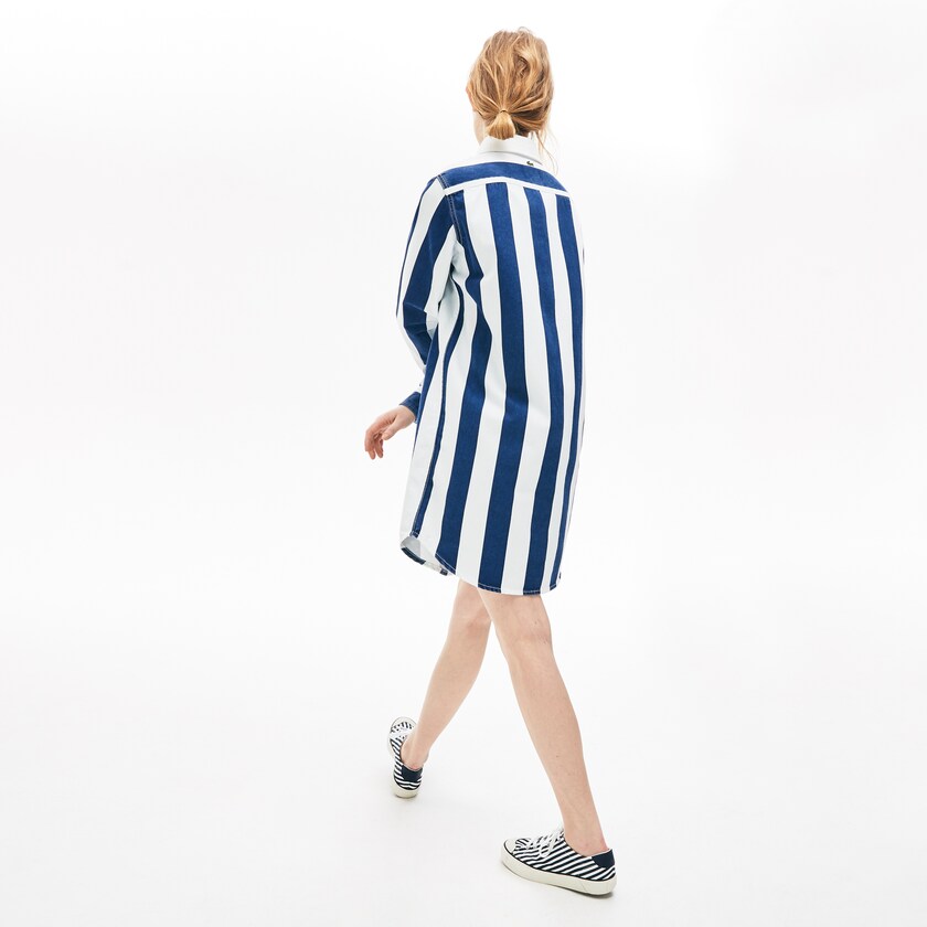 Vestido Lacoste LIVE Striped Cotton Shirtdress Mujer Blancos Azul Marino Azules | NT8-05180V6