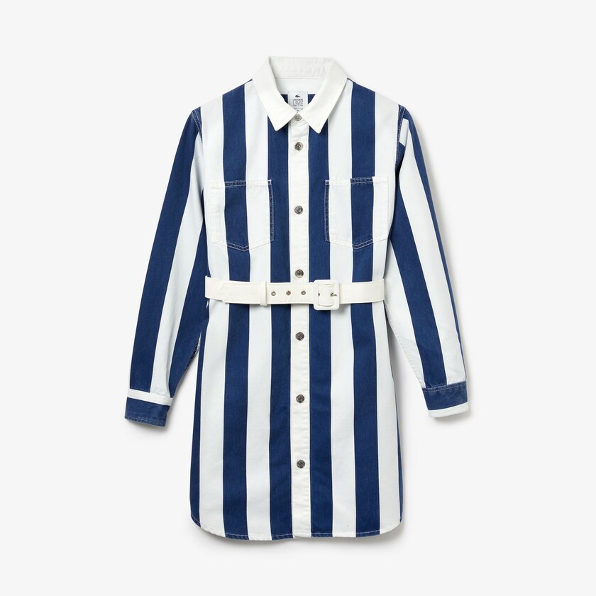 Vestido Lacoste LIVE Striped Cotton Shirtdress Mujer Blancos Azul Marino Azules | NT8-05180V6