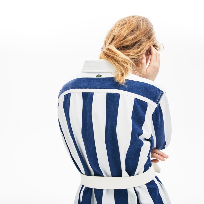 Vestido Lacoste LIVE Striped Cotton Shirtdress Mujer Blancos Azul Marino Azules | NT8-05180V6
