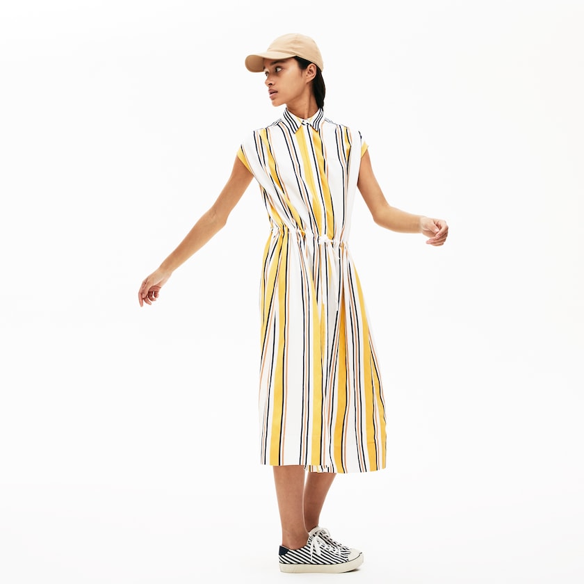 Vestido Lacoste Long Striped Shirtdress Mujer Blancos Azul Marino Azules Amarillos Marrom Claro | BQ1-78317K7