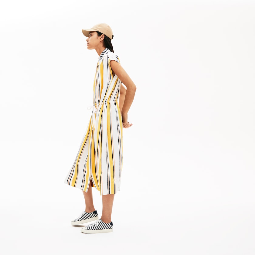 Vestido Lacoste Long Striped Shirtdress Mujer Blancos Azul Marino Azules Amarillos Marrom Claro | BQ1-78317K7