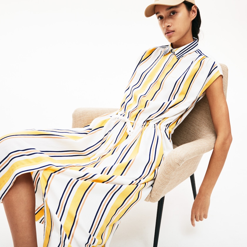 Vestido Lacoste Long Striped Shirtdress Mujer Blancos Azul Marino Azules Amarillos Marrom Claro | BQ1-78317K7