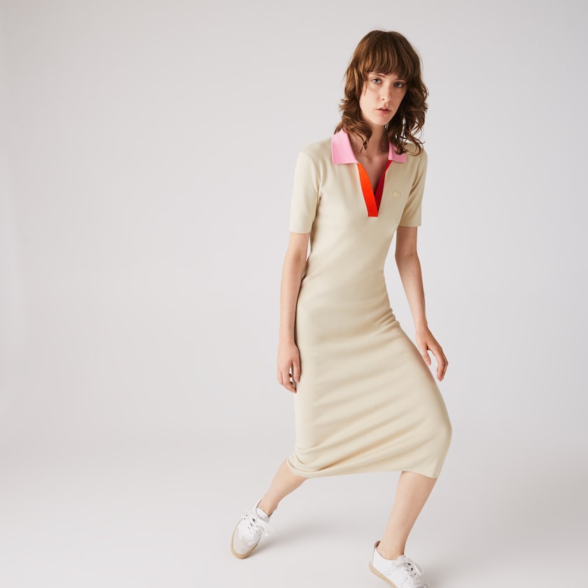 Vestido Lacoste Polo Collar Two-Tone Cotton Knit Long Sweater Mujer Beige Rosas Rojos | MT8-14201L4