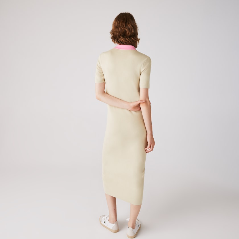 Vestido Lacoste Polo Collar Two-Tone Cotton Knit Long Sweater Mujer Beige Rosas Rojos | MT8-14201L4