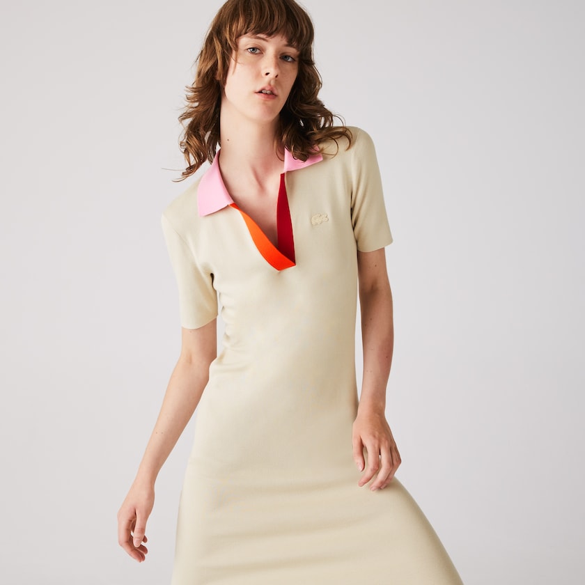 Vestido Lacoste Polo Collar Two-Tone Cotton Knit Long Sweater Mujer Beige Rosas Rojos | MT8-14201L4