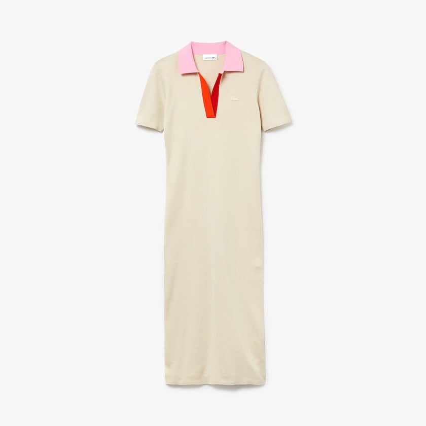 Vestido Lacoste Polo Collar Two-Tone Cotton Knit Long Sweater Mujer Beige Rosas Rojos | MT8-14201L4