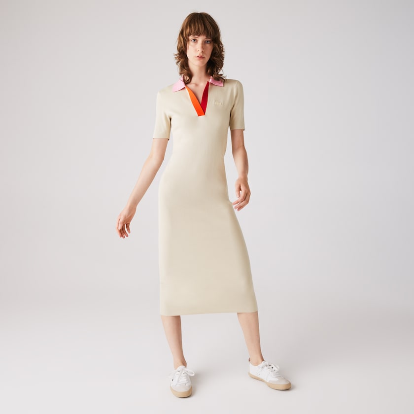 Vestido Lacoste Polo Collar Two-Tone Cotton Knit Long Sweater Mujer Beige Rosas Rojos | MT8-14201L4